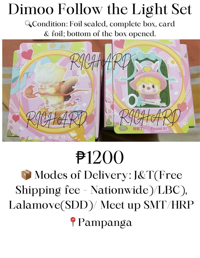(FREE SHIPPING) Dimoo Follow the Light SET (Category: Designer & Blind Box Toys) located in San Fernando. Submitted by rdo03 (Listing ID 1348563932, Image 1). Description: 📌Condition: Sealed Foil, complete box, card & foil; box opened. 📌Modes of Payment: GCash/Maya/Gotyme 📍Pampanga 📌Modes of Delivery: J&T(Free Shipping Nationwide) / LBC / Meet up SMT/HRP.