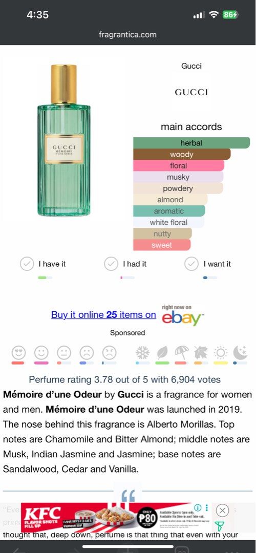 Gucci Perfume Mémoire d’une Odeur (Category: Fragrance & Deodorants) located in Muntinlupa City. Submitted by prebynik (Listing ID 1363253187, Image 2). Description: No more box, selling lower but 100 % authentic SRP 8,000 php Swipe for actual photos 🤍 .