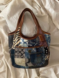 rare coarch ergo signature in indigo denim patchwork tote | vintage y2k bucket bag
