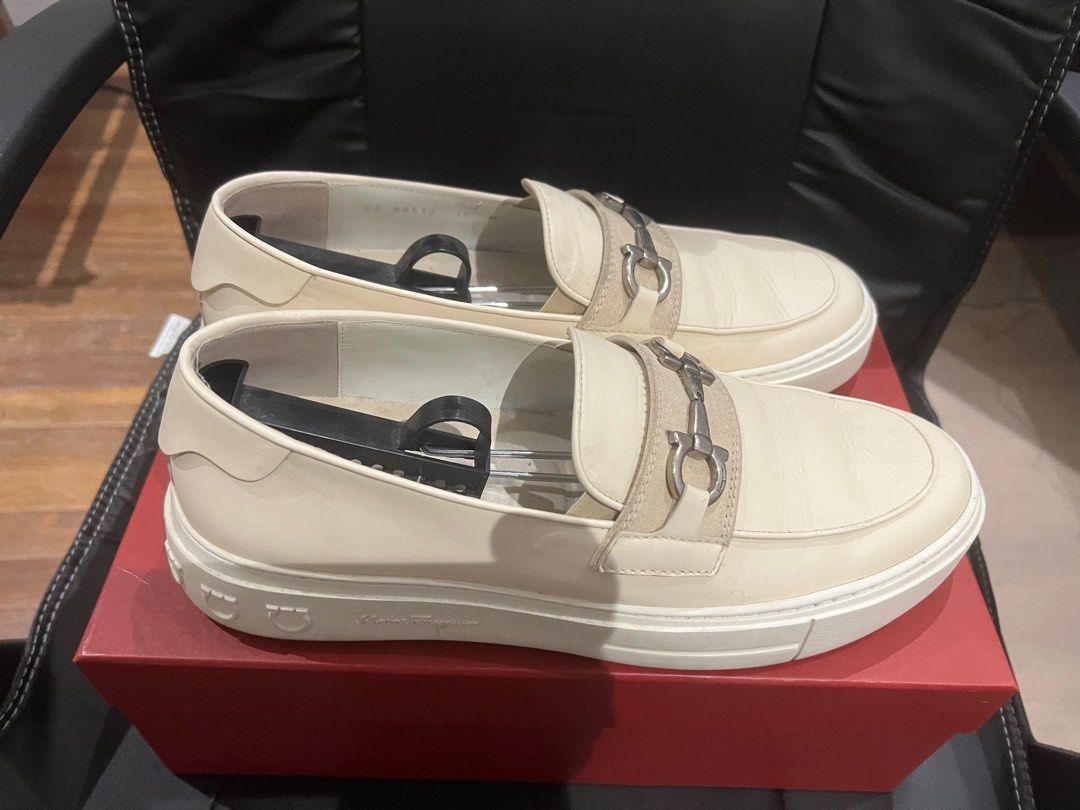 Salvatore Ferragamo Cream Sneakers (Category: Sneakers) located in Quezon City. Submitted by jvh13 (Listing ID 1363263265, Image 3). Description: Salvatore Ferragamo Cream Sneakers Complete with dust bag, box, paper bag 9/10 condition Guaranteed authentic Size 10 US.