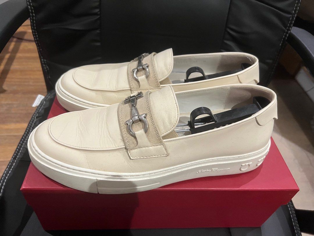 Salvatore Ferragamo Cream Sneakers (Category: Sneakers) located in Quezon City. Submitted by jvh13 (Listing ID 1363263265, Image 1). Description: Salvatore Ferragamo Cream Sneakers Complete with dust bag, box, paper bag 9/10 condition Guaranteed authentic Size 10 US.