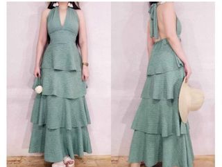 s-m sage green/teal long halter backless dress for bridesmaid wedding guest