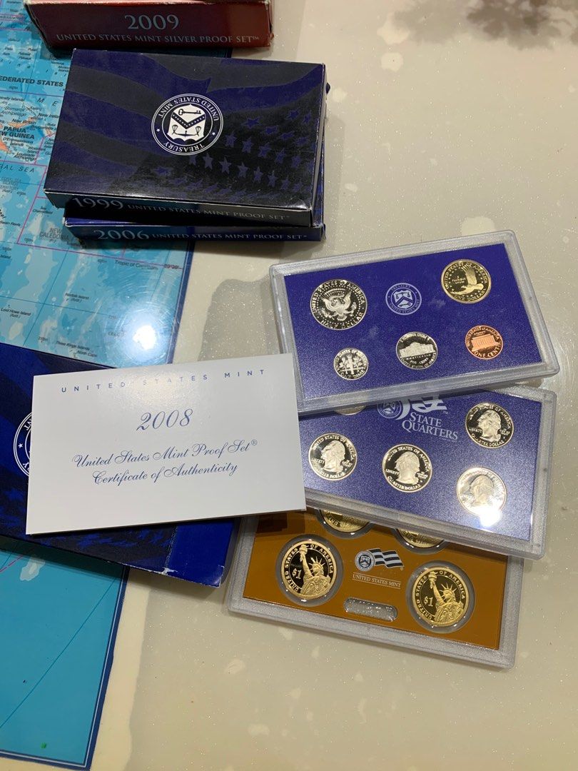 US Mint Proof sets (Category: Vintage Collectibles) located in Singapore. Submitted by the_sneaker_basement (Listing ID 1363282935, Image 3). Description: 5 boxes total (14 Slabs) 2009 (4 slabs) red box - $120 2008 (3 slabs) red box - $100 1999, 2006, 2008 blue box - $50 each All 5 for $350 .