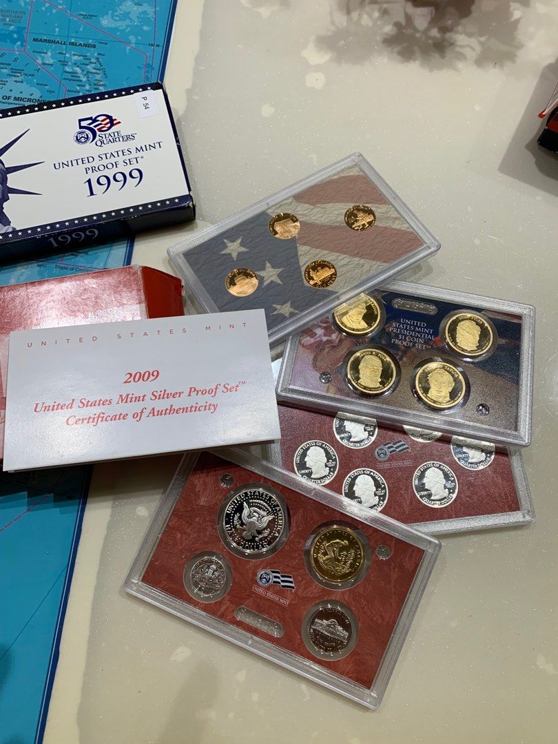 US Mint Proof sets (Category: Vintage Collectibles) located in Singapore. Submitted by the_sneaker_basement (Listing ID 1363282935, Image 2). Description: 5 boxes total (14 Slabs) 2009 (4 slabs) red box - $120 2008 (3 slabs) red box - $100 1999, 2006, 2008 blue box - $50 each All 5 for $350 .
