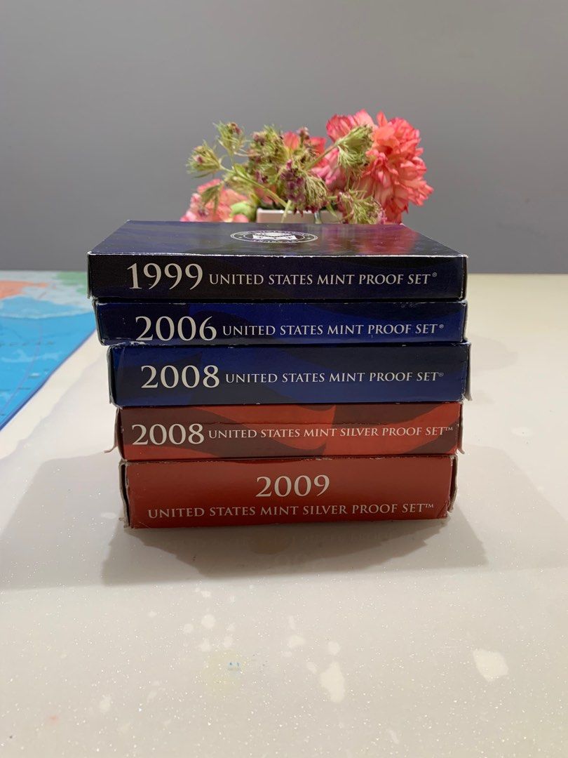 US Mint Proof sets (Category: Vintage Collectibles) located in Singapore. Submitted by the_sneaker_basement (Listing ID 1363282935, Image 1). Description: 5 boxes total (14 Slabs) 2009 (4 slabs) red box - $120 2008 (3 slabs) red box - $100 1999, 2006, 2008 blue box - $50 each All 5 for $350 .