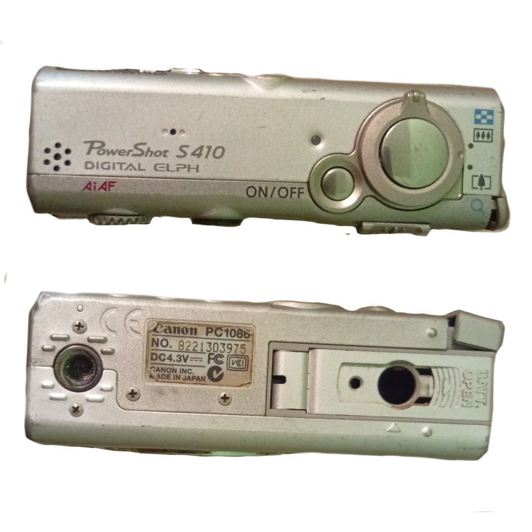 canon powershot s410 digital elph 2004 (Category: Cameras) located in Daet. Submitted by 6sinchedforthegods9 (Listing ID 1363295150, Image 2). Description: — details ❄️ -working flash — inclusions -camera -2 batteries -charger -tf card transfer — issues 🫧 -some buttons doesnt wok -battery cover needs tape - black screen (can be opened, able to see the intro part, but when its time to take pic, the screen is black.) LCD NEEDS TO BE REPLACED/REPAI