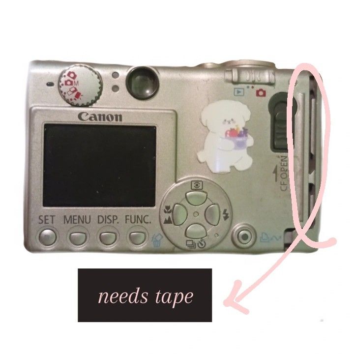 canon powershot s410 digital elph 2004 (Category: Cameras) located in Daet. Submitted by 6sinchedforthegods9 (Listing ID 1363295150, Image 3). Description: — details ❄️ -working flash — inclusions -camera -2 batteries -charger -tf card transfer — issues 🫧 -some buttons doesnt wok -battery cover needs tape - black screen (can be opened, able to see the intro part, but when its time to take pic, the screen is black.) LCD NEEDS TO BE REPLACED/REPAI