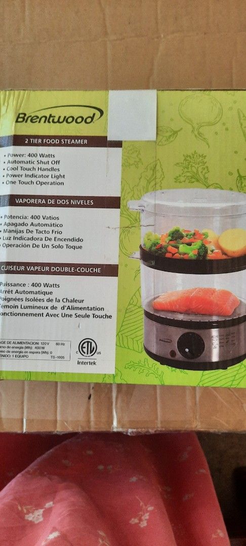 2 Tier Food Steamer (Category: Cookware & Accessories) located in Santa Rosa. Submitted by soldout.ph (Listing ID 1363480288, Image 2). Description: * 5 quart capacity * 60 minute timer * dishwasher safe parts * model no.: TS 1005 * 120 V * still sealed in a box * Brand: Brentwood.