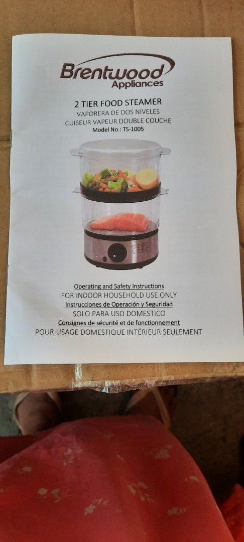 2 Tier Food Steamer (Category: Cookware & Accessories) located in Santa Rosa. Submitted by soldout.ph (Listing ID 1363480288, Image 1). Description: * 5 quart capacity * 60 minute timer * dishwasher safe parts * model no.: TS 1005 * 120 V * still sealed in a box * Brand: Brentwood.