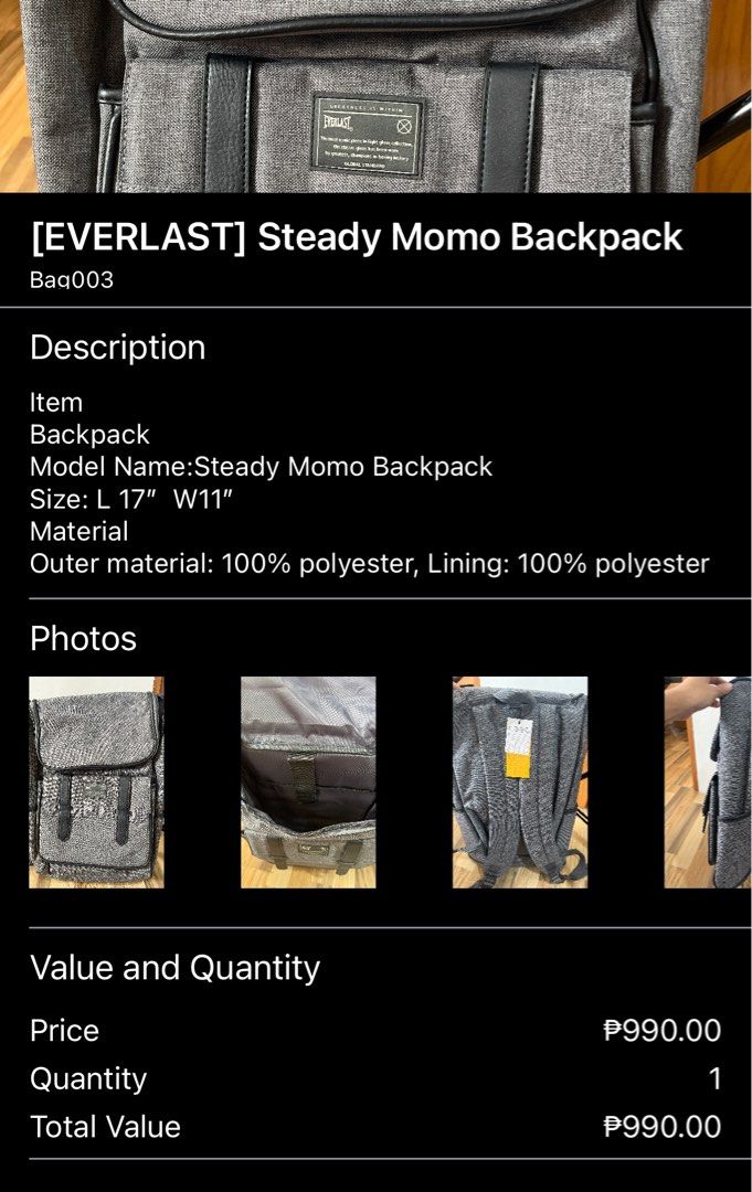 [EVERLAST] Steady Momo Backpack (Category: Backpacks) located in Manila. Submitted by engkayding15 (Listing ID 1363381138, Image 2). Description: [EVERLAST] Steady Momo Backpack Description Item Backpack Model Name:Steady Momo Backpack Size: L 17” W11” Material Outer material: 100% polyester, Lining: 100% polyester.