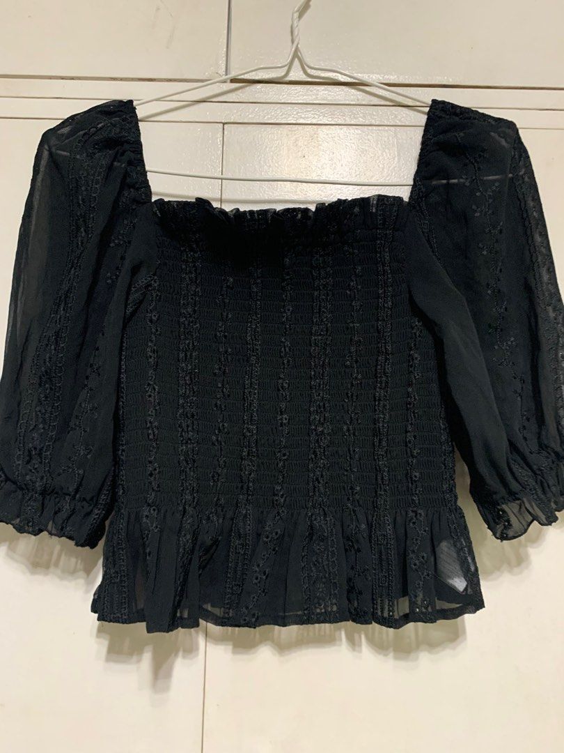 GRL Shirring Lace Embroidery Blouse (Category: Blouses) located in Manila. Submitted by c980_ (Listing ID 1363453951, Image 2). Description: Used once, no flaws Size L on tag but Japan sizing runs different--best fits sizes S-M No when worn pics.