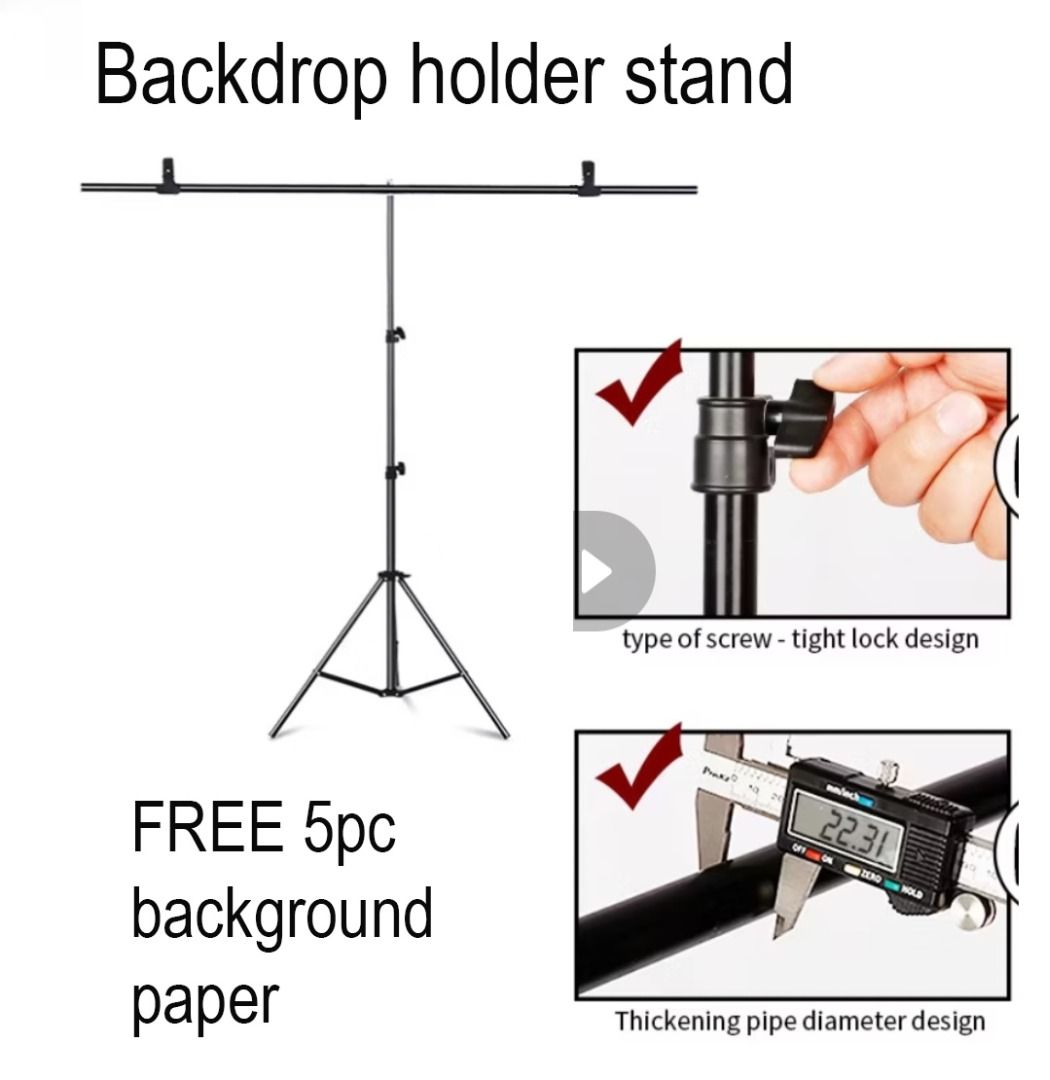 Product photography T-shape Background Stand (Category: Other Photography Accessories) located in Manila. Submitted by chocomoose (Listing ID 1347581308, Image 1). Description: 1pc Adjustable Telescopic Backdrop Stand 80x200cm good condition free 5 backdrop paper.