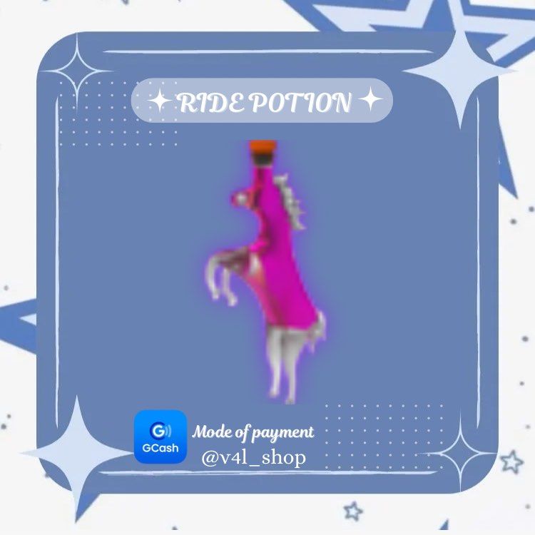 RIDE POTION | ADOPT ME PETS | ROBLOX (Category: In-Game Products) located in Manila. Submitted by v4l_shop (Listing ID 1363467483, Image 1). Description: RIDE POTION Hello! Are you looking for any specific pets? Welcome to v4l_shop! 🌸 Kindly payment first is required, and you receive the pet immediately! 📌Do send a screenshot of the receipt as proof that you sent the money, once the payment is confirmed provide your username so that i can add y