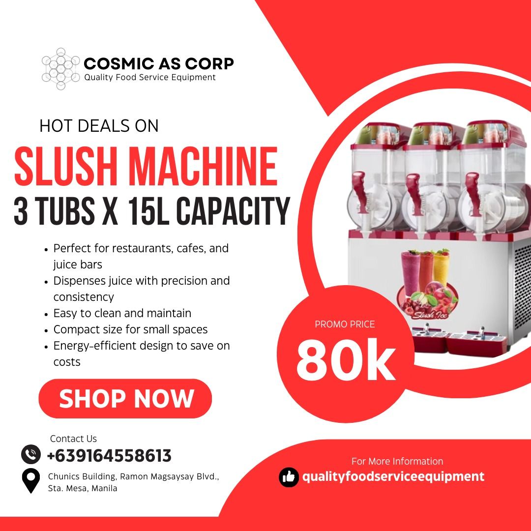 3TUBS SLUSH MACHINE 12L X 2 CAPACITY (Category: Ice-cream Makers) located in Manila. Submitted by cosmicmachineries (Listing ID 1363613019, Image 1). Description: ✔ In Stock ✔ High Quality ✔ Same Day Pick-Up ✔ Next-day Delivery ✔ Accept Cash & Credit Card.