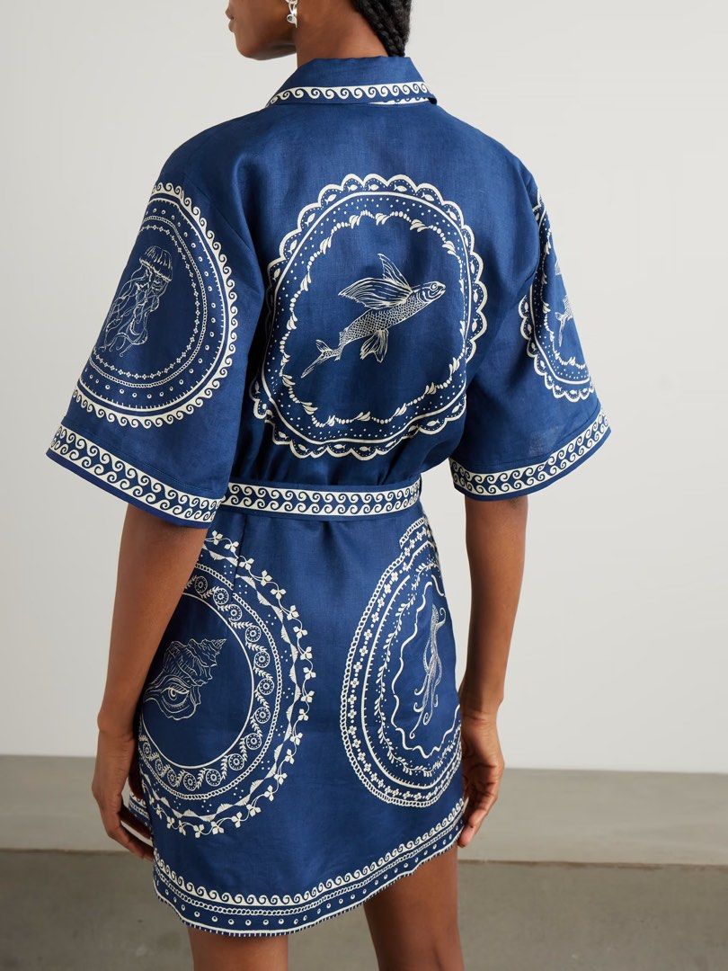 alemais oceane mini dress Alemais Oceane Linen Shirt dress blue Linen printed lapel tie dress women  2025