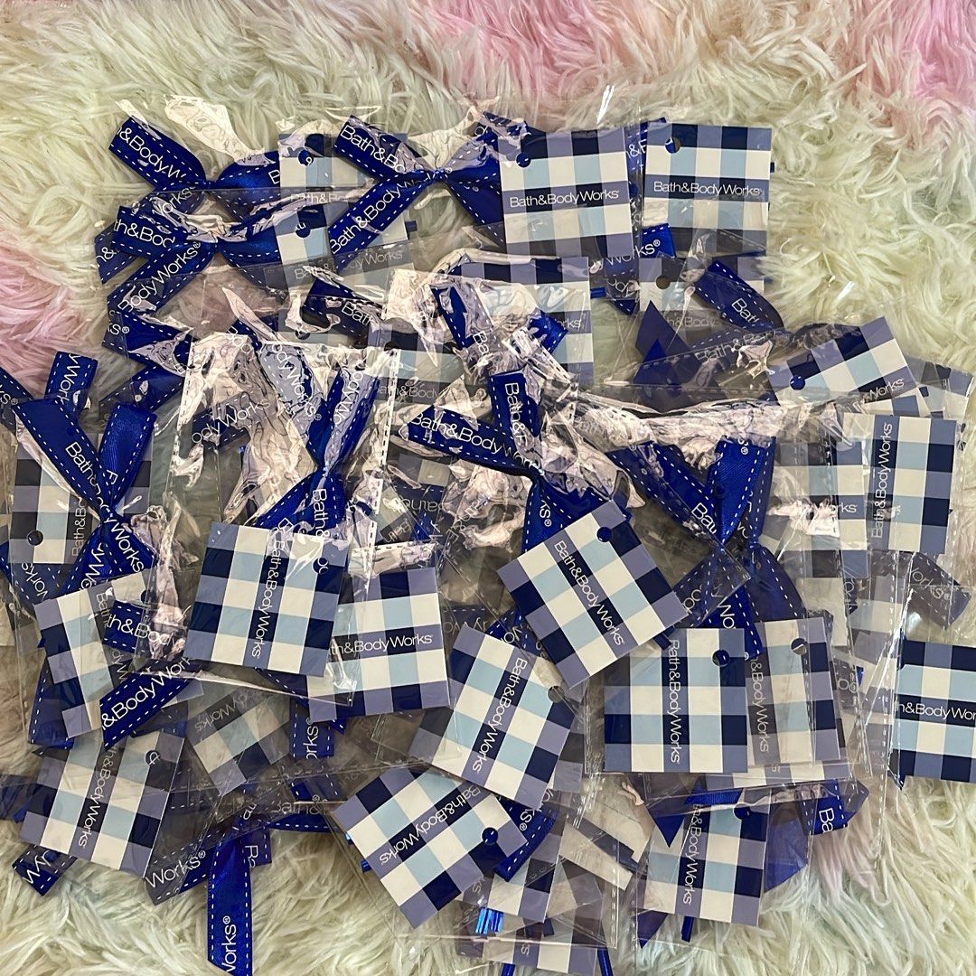 Bath and body works ribbon and plastic (Category: Fragrance & Deodorants) located in Quezon City. Submitted by Little_Mist (Listing ID 1363649708, Image 1). Description: Perfect for gift Blue ribbon in plastic with tag - 10 Blue ribbon in plastic no tag - 8 Small plastic- 8 Large plastic- 8 Ribbon and tag (no plastic) - 6.