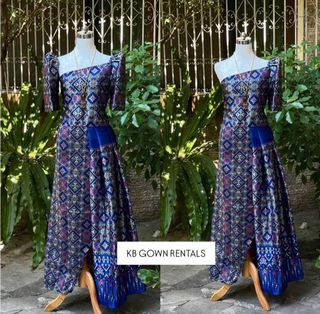 BLUE IKAT HANDWOVEN INABEL FILIPINIANA GOWN FOR RENT