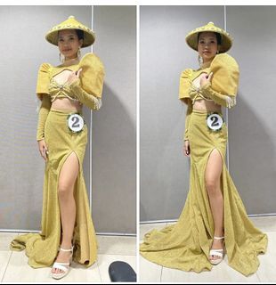 FOR RENT: GOLD MODERN FILIPINIANA GOWN, LONG SLEEVES, HIGH SLIT
