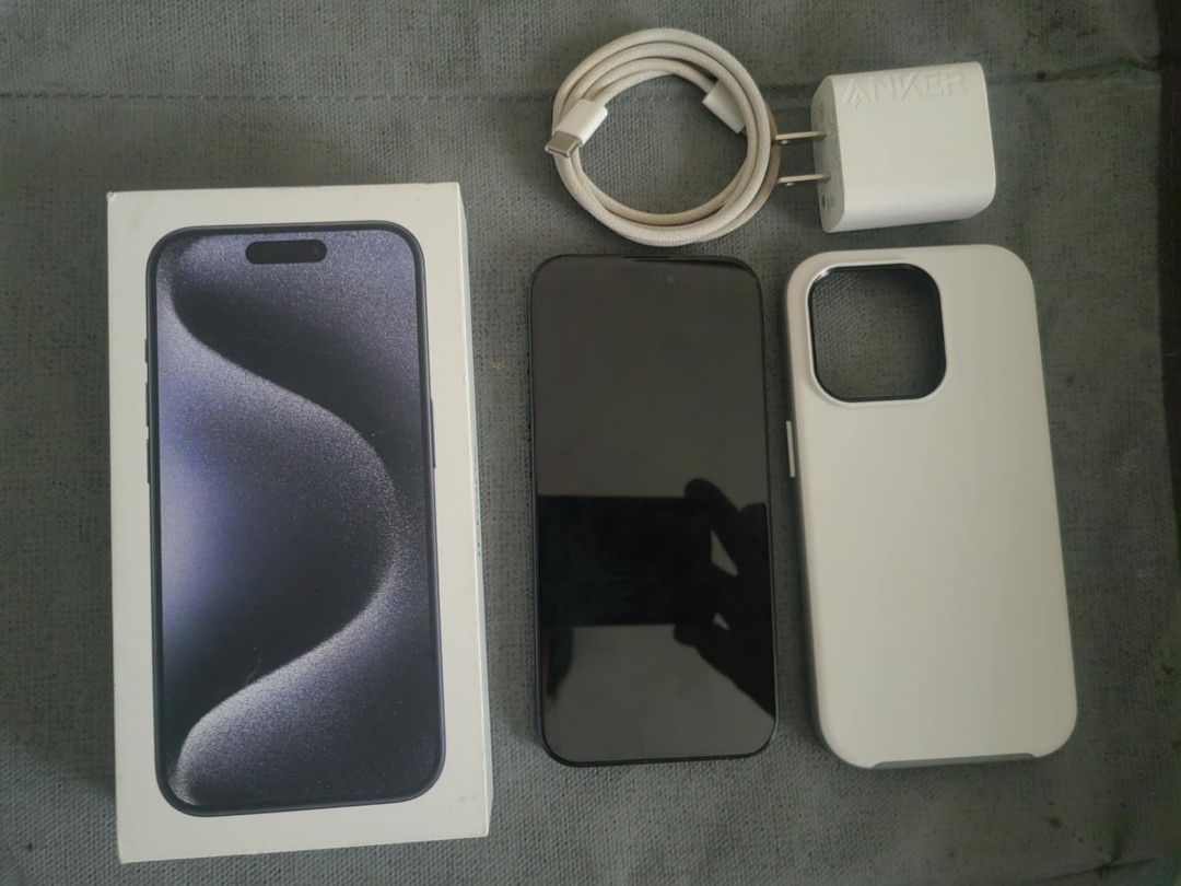Iphone 15 Pro Blue titanium 256 (Category: iPhone 15 Series) located in Makati City. Submitted by madvillainkicks (Listing ID 1363644260, Image 1). Description: Iphone 15 Pro 256gb 90% batt health No dents No scratches Globe locked Blue titanium White otterbox case Anker 20 watts charger Orig charger cable Php 50k - slightly nego.