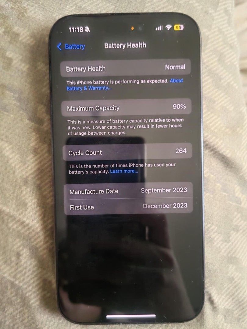 Iphone 15 Pro Blue titanium 256 (Category: iPhone 15 Series) located in Makati City. Submitted by madvillainkicks (Listing ID 1363644260, Image 3). Description: Iphone 15 Pro 256gb 90% batt health No dents No scratches Globe locked Blue titanium White otterbox case Anker 20 watts charger Orig charger cable Php 50k - slightly nego.