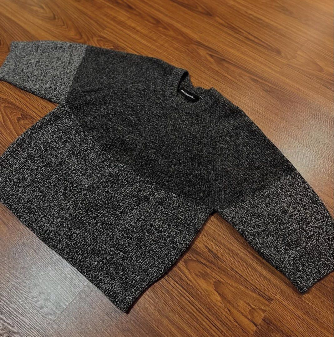 Knitted Sweater (Category: Coats, Jackets and Outerwear) located in Pasig City. Submitted by ukaygodd (Listing ID 1363620666, Image 2). Description: Mercineaucoup Sweatshirt . Knitted, 3/4s sleeve Boxy semi cropped cut Solid 2 tone gray, neat fit Not used . Size M-L L28 W24 P650.