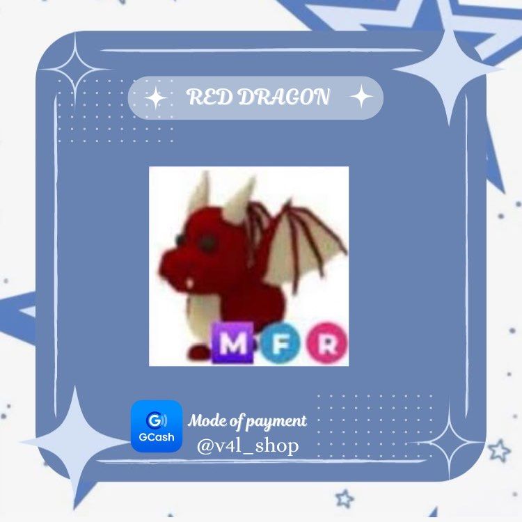 MFR RED DRAGON | ADOPT ME PETS | ROBLOX (Category: In-Game Products) located in Manila. Submitted by v4l_shop (Listing ID 1363554087, Image 1). Description: MFR RED DRAGON Hello! Are you looking for any specific pets? Welcome to v4l_shop! 🌸 Kindly payment first is required, and you receive the pet immediately! 📌Do send a screenshot of the receipt as proof that you sent the money, once the payment is confirmed provide your username so that i can