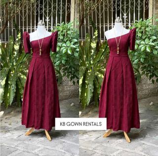RED HANDWOVEN INABEL FILIPINIANA TERNO FOR RENT