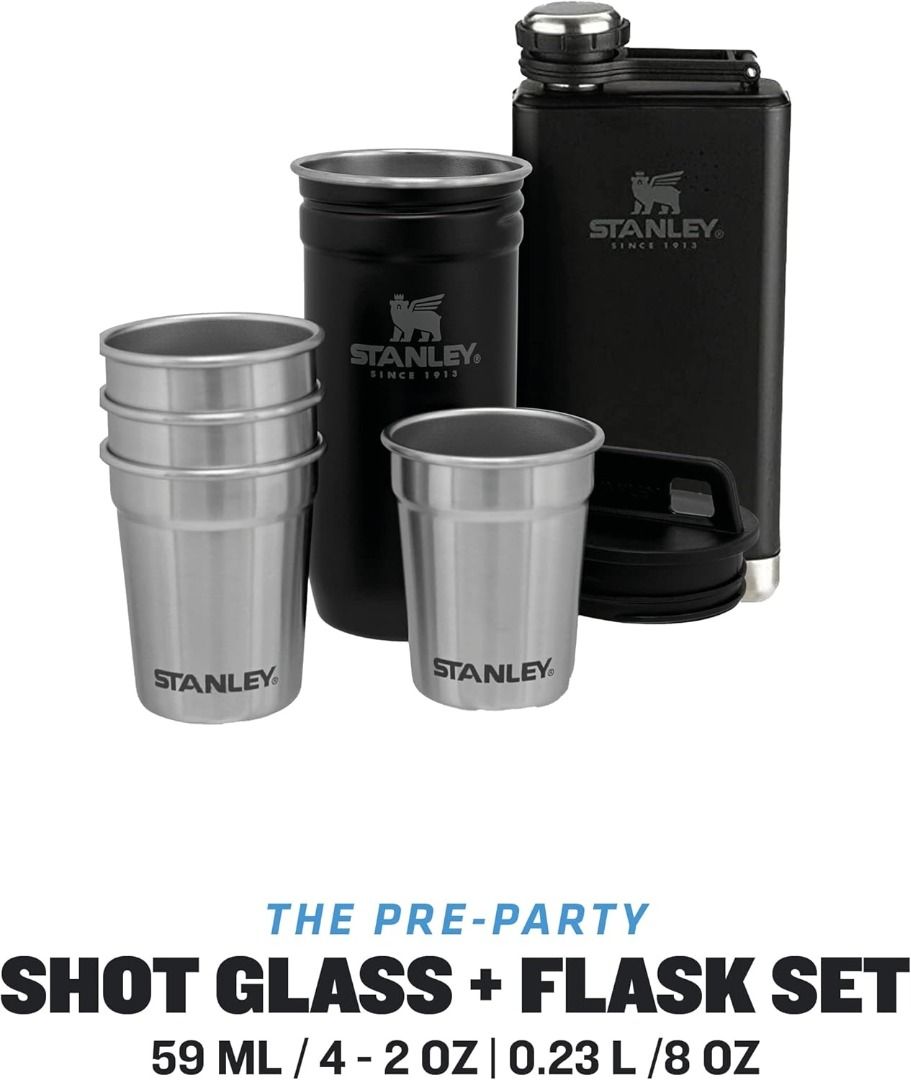Stanley Adventure Pre-Party Flask and Nesting Shot Glass Set (Matte Black) (Category: Water Bottles & Tumblers) located in San Juan City. Submitted by princessshyph (Listing ID 1363552404, Image 3). Description: COMPLETE SHOT SET: Toast to adventure wherever you are. This set comes with 4 (2oz) stainless-steel shot glasses, 1 (8oz) hip flask, and a metal carrying case. Uplift your spirits with a shot of spirit at the tailgate, beach, or in the wo