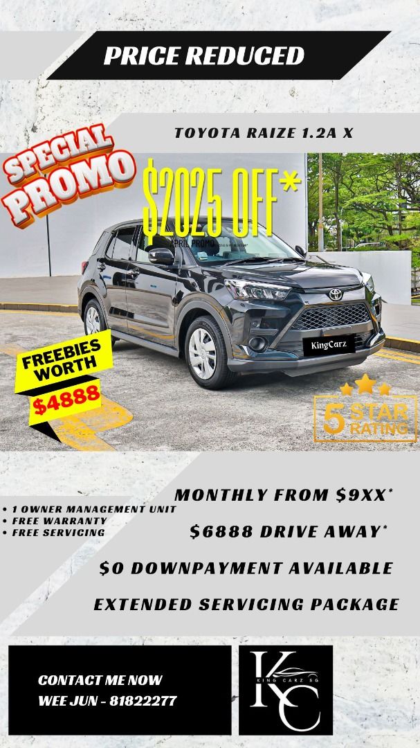 Toyota Raize 1.2A X (Category: Used Cars) located in Singapore. Submitted by kingcarzsg (Listing ID 1363692605, Image 1). Description: 💰 $6888 Drive Away Promotion! 🧨 Clearance sale on going! 💸 Most affordable cars available 🚗 700 over cars for selection ✅ Low mileage 🔥 Certified pre-owned cars with 118-points vehicle inspection done at our workshop 🏦 Full loan/ $0 downpayment/ $0 driveway available! 📈 High trade-in value 💰 Monthly starti