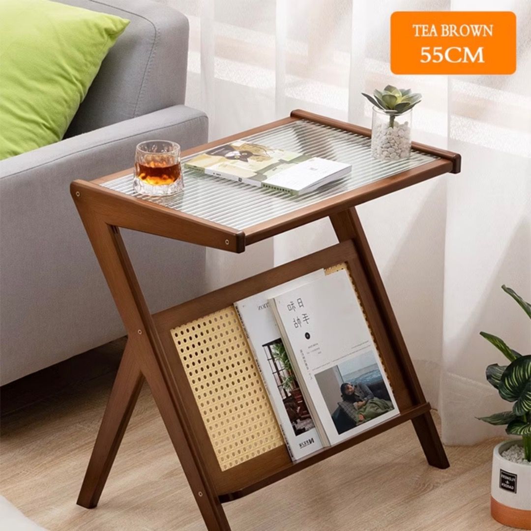 Wood Side Table | Glass Top Magazine Rack Table | Bedside Sofa Side ...