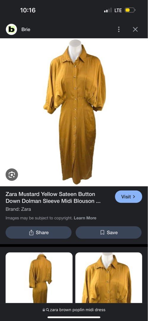 Zara Midi Dress (Category: Dresses) located in Manila. Submitted by jpclassics (Listing ID 1363705400, Image 3). Description: Zara Mustard Yellow Sateen Button Down Dolman Sleeve Midi Dress Color: Mustard Size: Small but fits small to semi medium In good condition Worn once only Last price posted Rfs: I gained weight and too many dresses. Need to declutter..