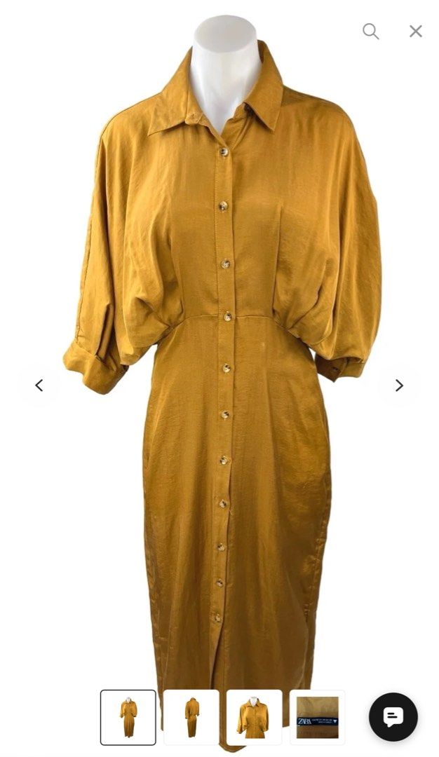 Zara Midi Dress (Category: Dresses) located in Manila. Submitted by jpclassics (Listing ID 1363705400, Image 1). Description: Zara Mustard Yellow Sateen Button Down Dolman Sleeve Midi Dress Color: Mustard Size: Small but fits small to semi medium In good condition Worn once only Last price posted Rfs: I gained weight and too many dresses. Need to declutter..