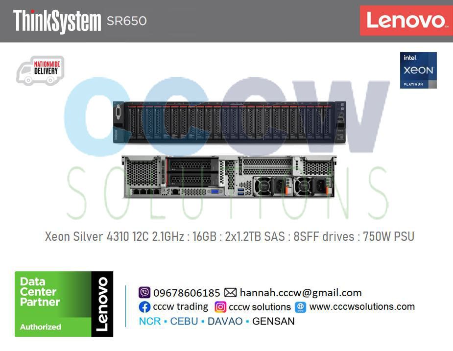 📌 ThinkSystem SR650 Rack Server Processor: ThinkSystem SR650 V2 Intel Xeon Silver 4310 12C 120W 2.1GHz Processor (Category: Office & Business Technology) located in Antipolo. Submitted by cccwsolutions.com (Listing ID 1363830274, Image 1). Description: Top-performing server for data centers needing scalability 📌 ThinkSystem SR650 Rack Server ✅ Large memory capacity ✅ Vast storage capacity ✅ Versatile Anybay storage configurations/Up to 24 NVMe 