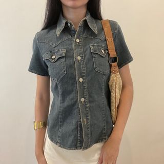 DAILY TOPICS Gorgeous Vintage Denim Blue Coachella Bella Hadid Y2k Casual Button Down Top