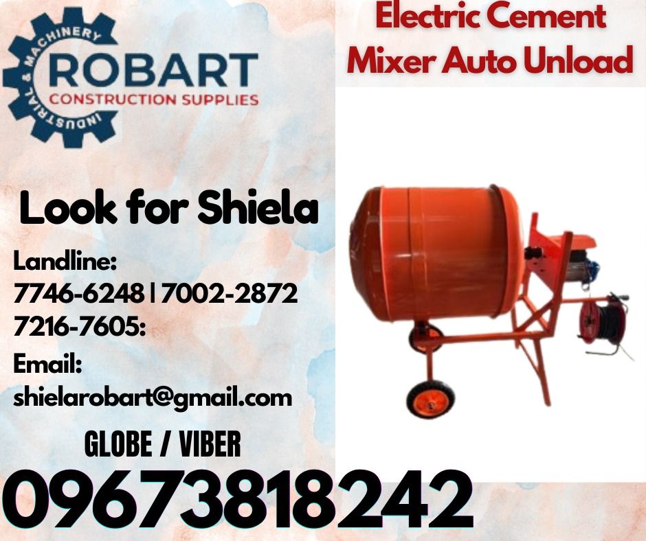 Electric Cement Mixer Auto Unload (Category: Construction Tools & Equipment) located in Manila. Submitted by robartshie24394 (Listing ID 1363786642, Image 1). Description: Electric Cement Mixer Auto Unload Code: R-9-002 Type: 350L 1 Bagger 𝑹𝑶𝑩𝑨𝑹𝑻 𝑪𝑶𝑵𝑺𝑻𝑹𝑼𝑪𝑻𝑰𝑶𝑵 𝑺𝑼𝑷𝑷𝑳𝑰𝑬𝑺 Office Address: 1405 Yuseco St. Sta Cruz Manila SEND US MESSAGE FOR INQUIRIES ‼️ ‼️ Call: 09673818242 / 09662708845 Vibr - (09673818242) Landline: (𝟩𝟩𝟦�