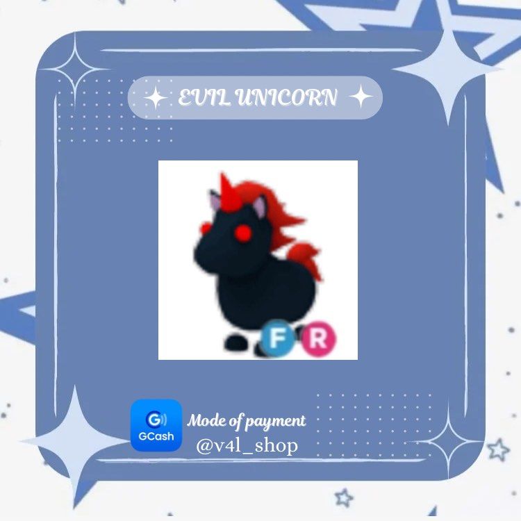 FR EVIL UNICORN | ADOPT ME PETS | ROBLOX (Category: In-Game Products) located in Manila. Submitted by v4l_shop (Listing ID 1363747529, Image 1). Description: FR EVIL UNICORN Hello! Are you looking for any specific pets? Welcome to v4l_shop! 🌸 Kindly payment first is required, and you receive the pet immediately! 📌Do send a screenshot of the receipt as proof that you sent the money, once the payment is confirmed provide your username so that i c