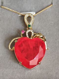 HIGH QUALITY 32 carat Natural Heart Burmese Red Spinel Gold-Plated AU750 Necklace w/ Inlaid Ruby and Emerald (UV REACTIVE!)