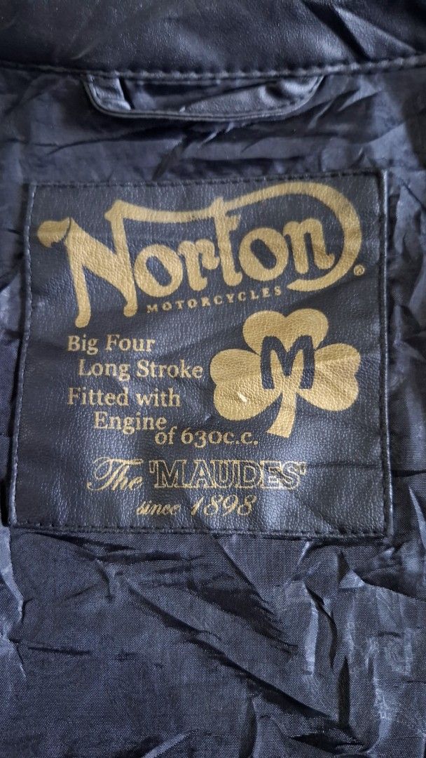 Norton Cafe racer (Category: Coats, Jackets and Outerwear) located in Baguio. Submitted by thriftrot (Listing ID 1363713374, Image 3). Description: Norton Cafe racer Synthetic leather In very good condition No issue Small L24.5 W19 Loc baguio Add shipping fee Price is firm.