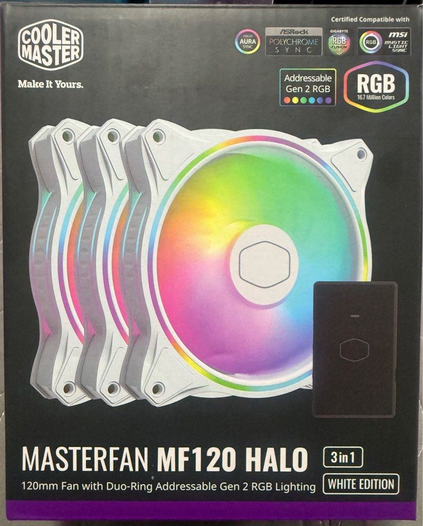 Pc parts (Category: Computer Parts) located in Pasig City. Submitted by docbal (Listing ID 1363784798, Image 1). Description: Cooler Master MASTERFAN MF120 HALO 3 in 1 120mm WHITE EDITION ARGB Gaming CPU Cooling Fan 6 fans (3 fans per kit); with BOX; fan hub P4,000 for the 2 kits Corsair VENGEANCE RGB RT 16GB (4 x 8GB) DDR4 DRAM 3200MHz CL16 Memory Kit – White for AMD or Intel Compatible 4pcs; With BOX P5,500 for 4pcs total of 32gb DRAM ID Coolin