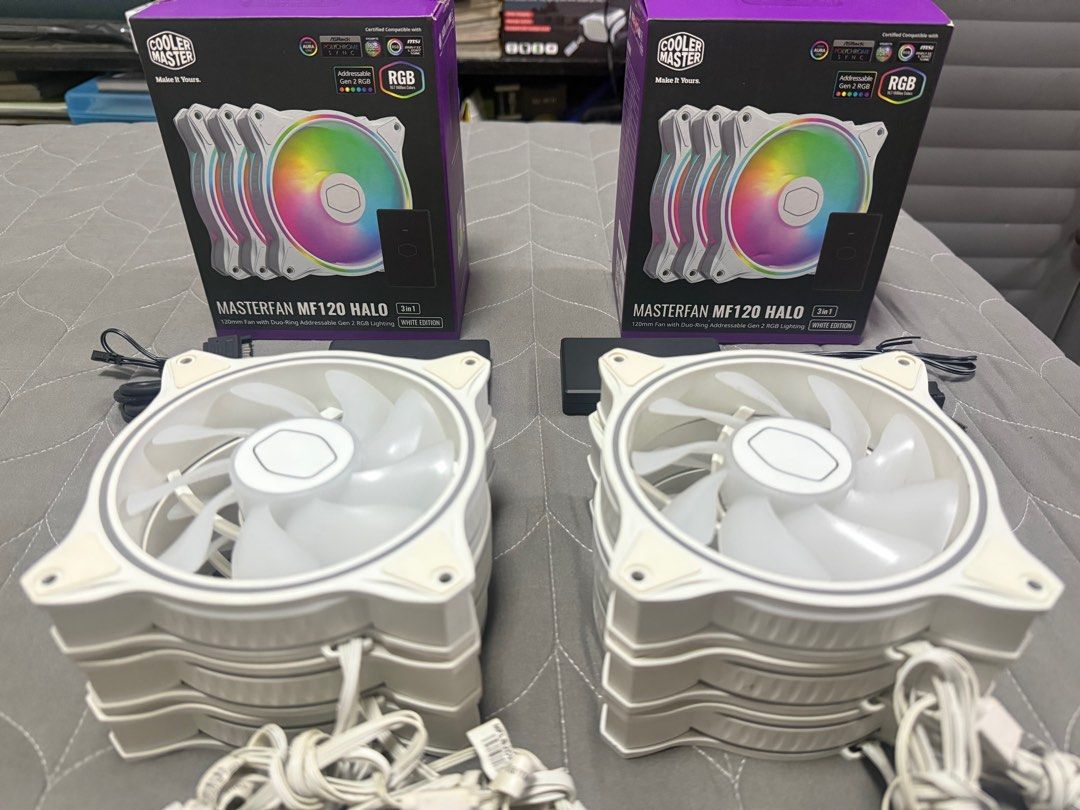 Pc parts (Category: Computer Parts) located in Pasig City. Submitted by docbal (Listing ID 1363784798, Image 2). Description: Cooler Master MASTERFAN MF120 HALO 3 in 1 120mm WHITE EDITION ARGB Gaming CPU Cooling Fan 6 fans (3 fans per kit); with BOX; fan hub P4,000 for the 2 kits Corsair VENGEANCE RGB RT 16GB (4 x 8GB) DDR4 DRAM 3200MHz CL16 Memory Kit – White for AMD or Intel Compatible 4pcs; With BOX P5,500 for 4pcs total of 32gb DRAM ID Coolin
