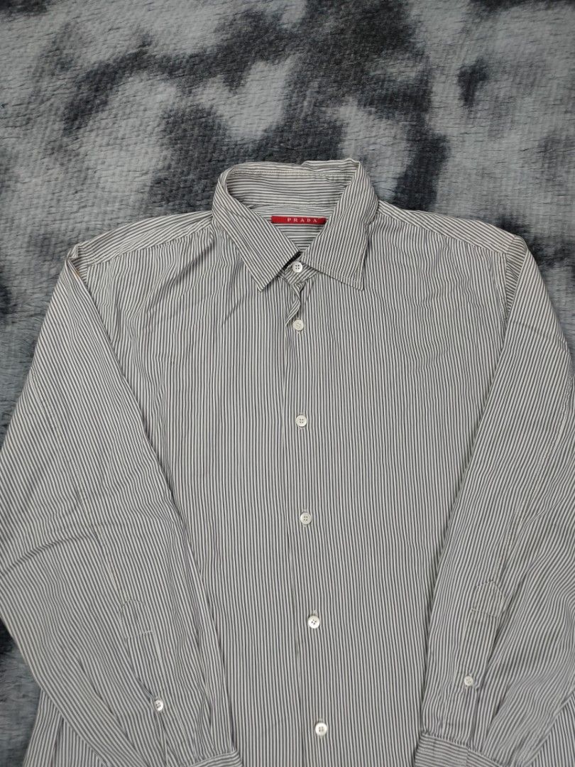 Prada stripes button up (Category: Formal Shirts) located in Muntinlupa City. Submitted by d_code (Listing ID 1363878006, Image 2). Description: 41 on tag excellent slightly damaged washtag legit 21.5 x 29.