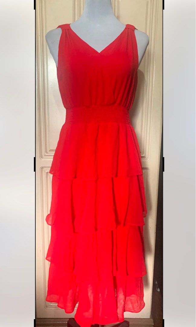 Red Layered Chiffon Dress (Category: Dresses) located in Quezon City. Submitted by FashionSense4Less (Listing ID 1363710962, Image 1). Description: Red Layered Chiffon Dress Very good condition/ like new Slip on/ with lining/ chiffon fabric Size: medium-semilarge Bust: up to 40” ; Waist: 28-38” ; Length: 44” Very nice in actual .