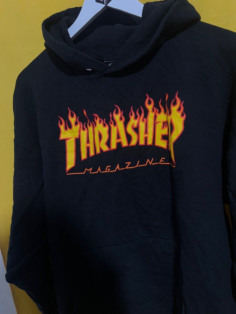Thrasher Flame Jacket Hoodie (Category: Coats, Jackets and Outerwear) located in Tarlac. Submitted by nothingbutlesthrift (Listing ID 1363822933, Image 1). Description: No lace 24.5x26 Large on tag Color Rate: 7/10 Issues: faded bandang hood, and pinhole .