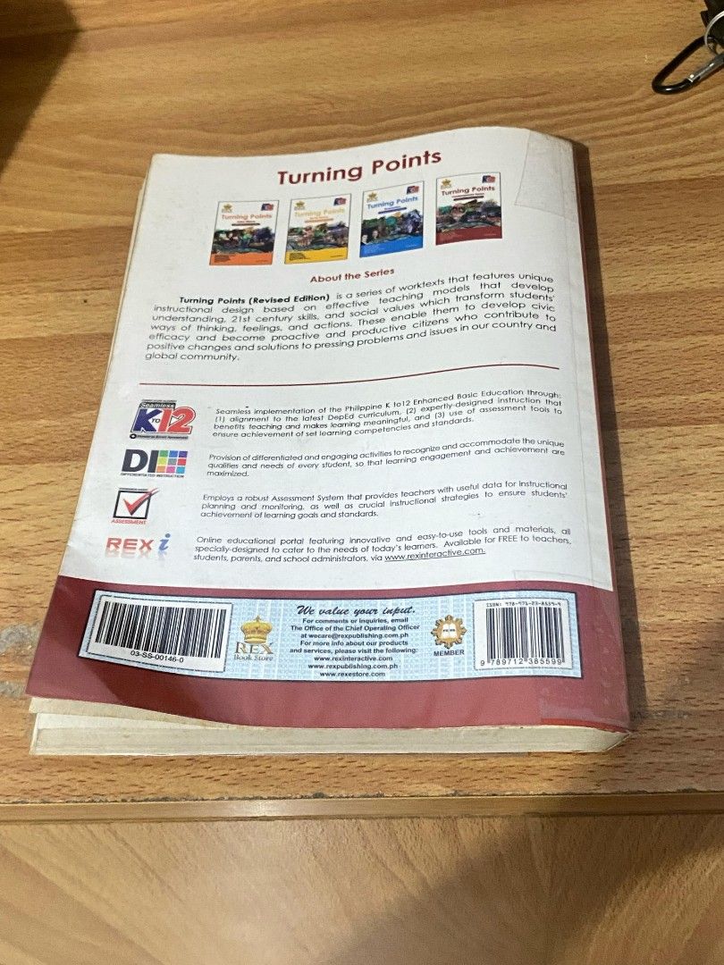 Turning Points - Contemporary Issues ( Worktext in Social Studies Revised Edition (Category: Textbooks) located in Batangas. Submitted by dev.y (Listing ID 1363848312, Image 2). Description: - never been used - complete pages (page 102 is folded and has yellow stains - sides, front and last part of the book has yellow stains - yung mga unang page is parang natatanggal yung dikit - may cover pa po yung book loc: batangas city (can do meet up if ar