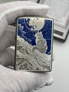全新Zippo鍍銀「月下星空貓」防風黃銅雕刻煤油打火機節日礼物629767205825311119