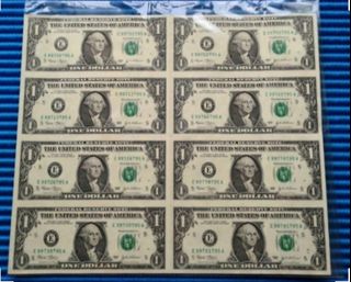 1995 Uncut Sheet 4X US $1 United States Federal Reserve Note Uncut Bill ...