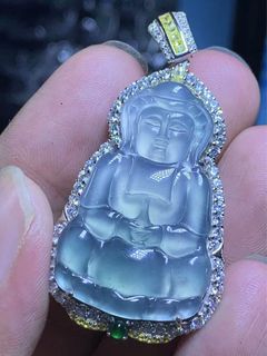 天然A玉翡翠銀鑲高冰正玻璃種正裝觀音吊墜送萬能繩64225404877058110
