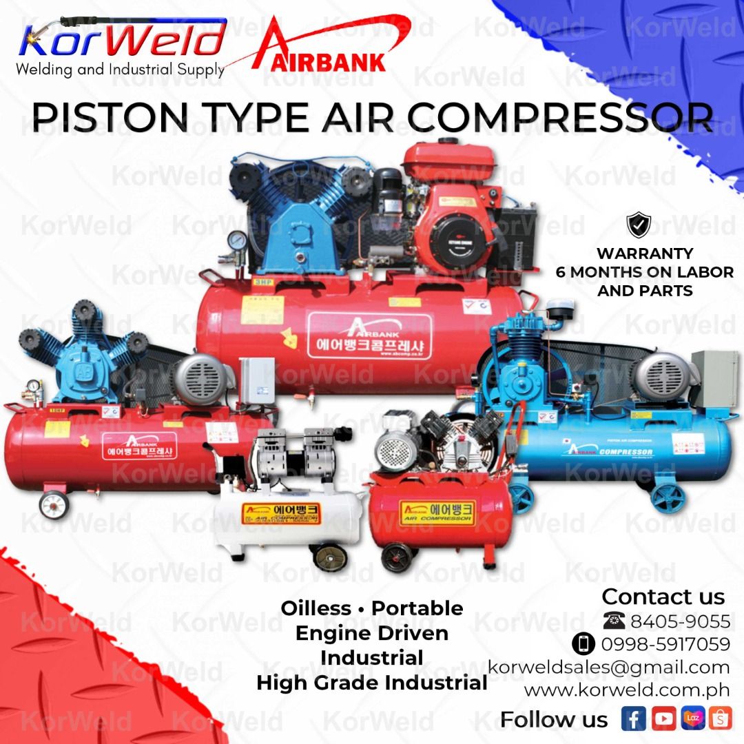 Air Compressor - Oilless, Portable, Industrial, Engine Driven PHP 123 (Category: Construction Tools & Equipment) located in Manila. Submitted by korweld_reg (Listing ID 1363963495, Image 1). Description: Airbank Air Compressors have a V Type cylinder that produces higher pressure. We have all kinds of Air Compressor : Oil-less Portable Industrial High-grade Industrial Engine Driven KORWELD INC. DC Inverter Welding and Cutting Solution Contact Num