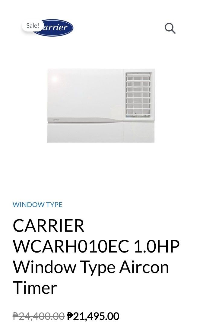 Carrier 1hp Window Type Aircon Timer (Category: Air Conditioning and Heating) located in Taytay. Submitted by mikz_1303 (Listing ID 1363960933, Image 1). Description: Carrier 1hp Window Type Aircon Timer Model WCARH010EC RFS : Mag upgrade ng bago aircon Bagong linis Pickup location Taytay Rizal.