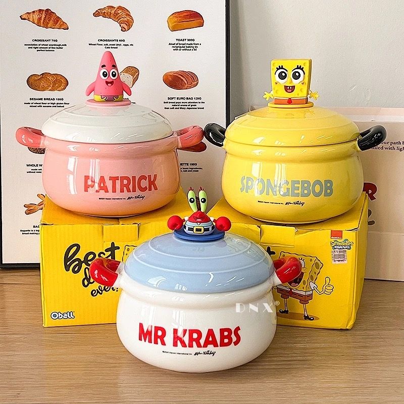 Ceramic Instant Noodle Bowl with Lid SpongeBob Patrick Star Mr. Krabs ...